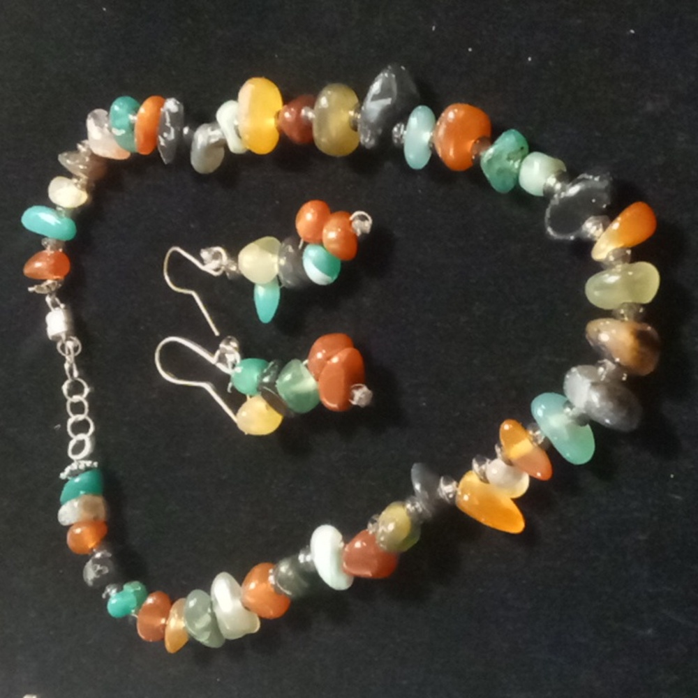 Polished Semi precious stone necklace & earrings carnelian, jade obsidian jasper